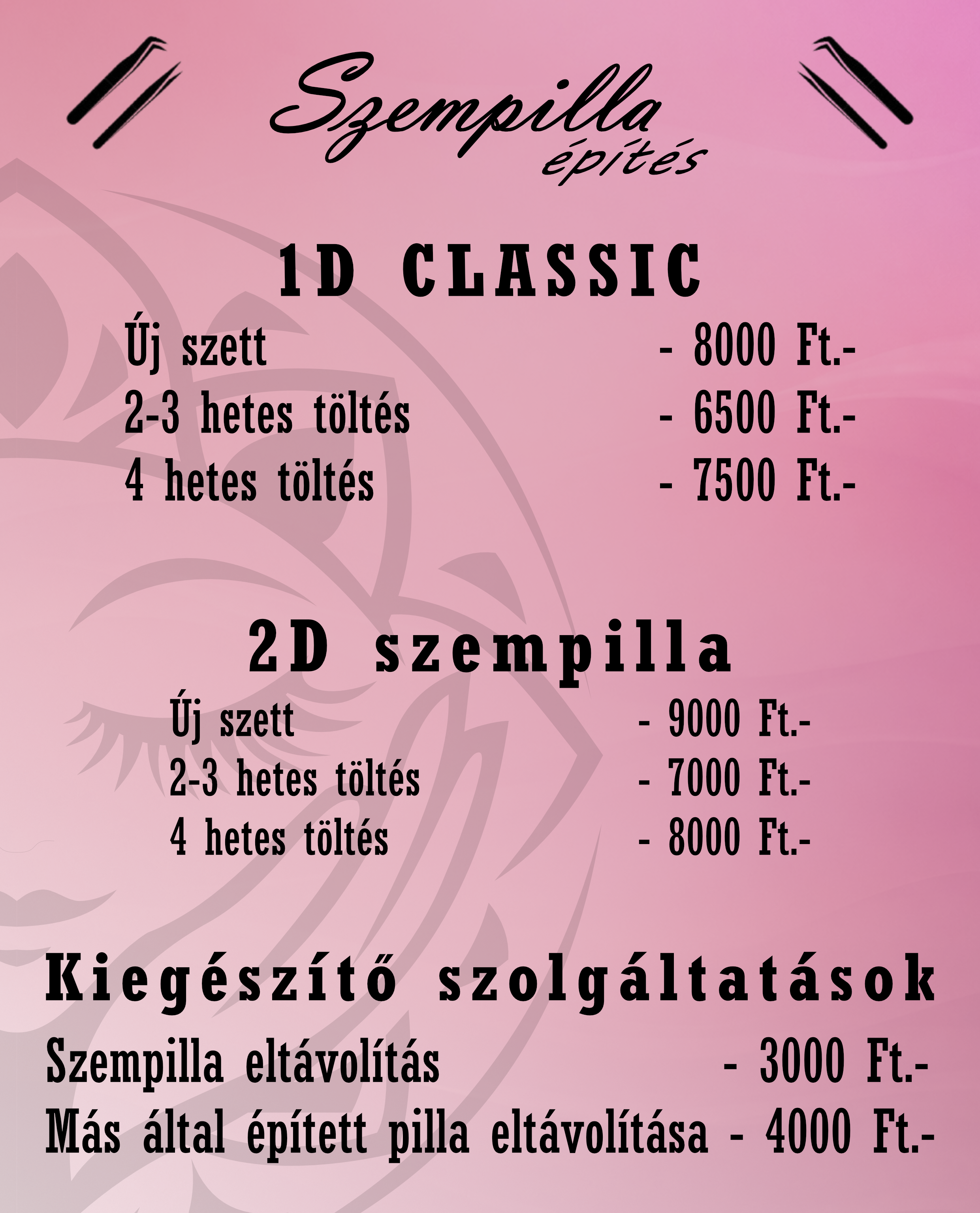 Szempilla árlista