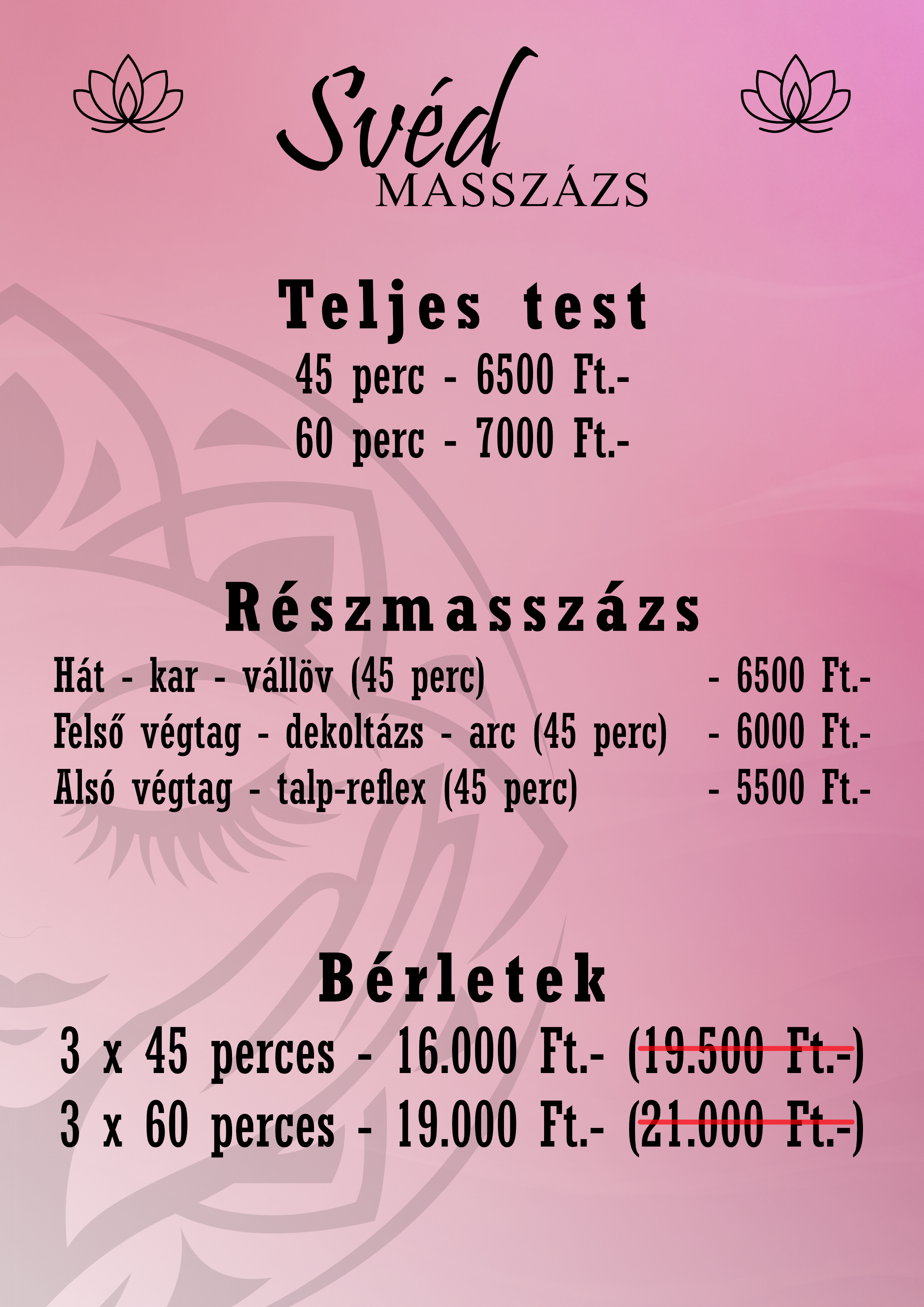 Svéd masszázs árlista