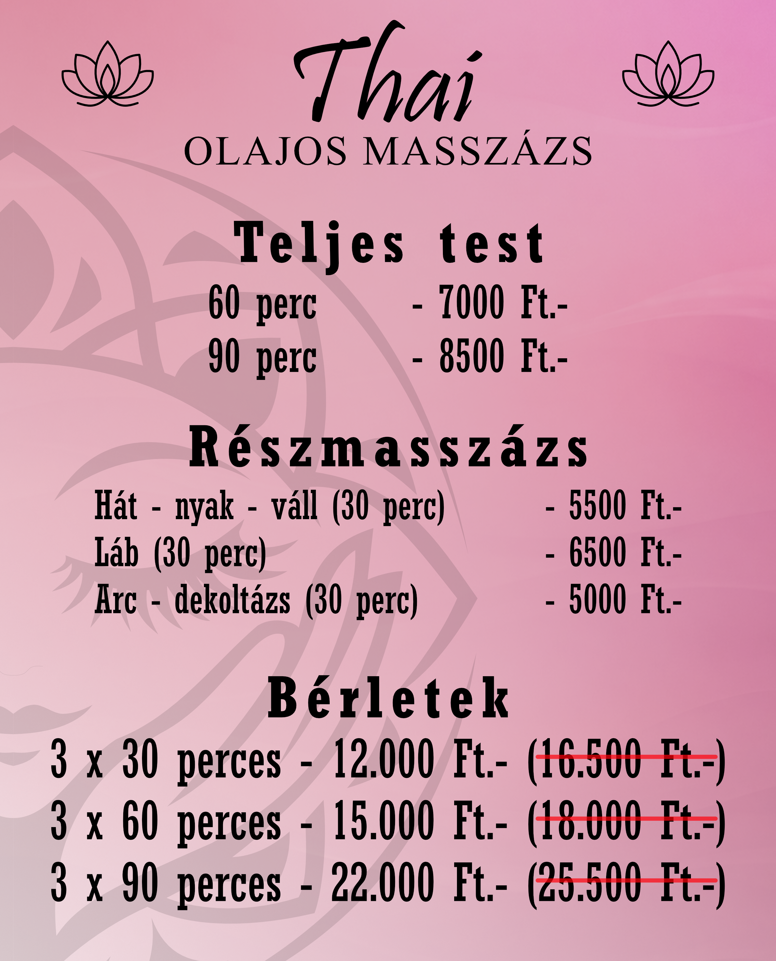 Thai masszázs árlista